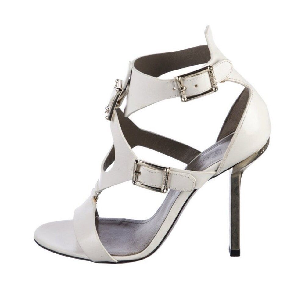 Versace Collection Authentic White Leather T Strap Heels Sandals 7